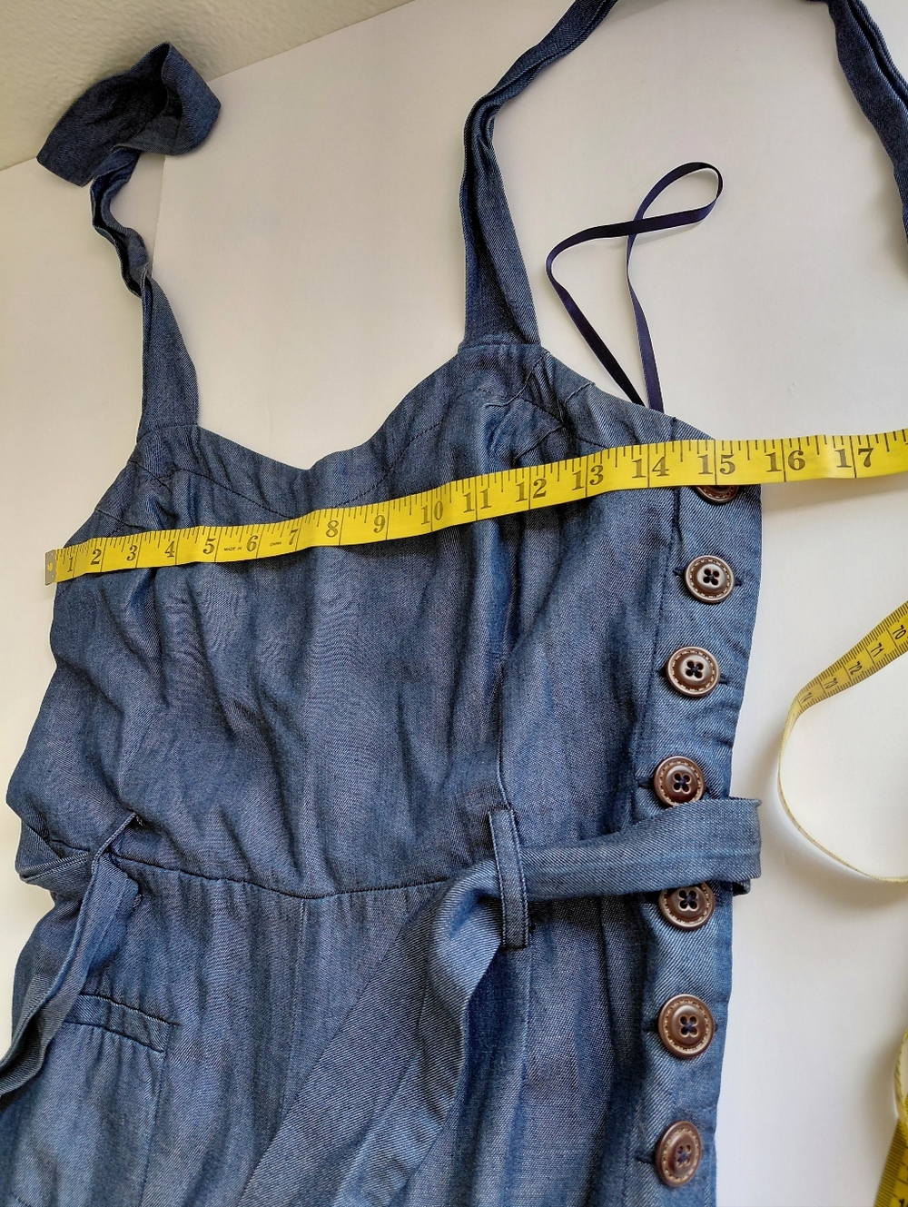 ELEVENSES- By Anthropologie Women's  Sz 6 Denim Look Halter Jumpsuit Blue, Flare - Picture 6 of 12